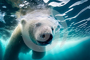 Close-up of a swimming white polar bear underwater looking at the camera. International polar bear day.