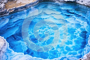 close-up of swirling blue and white hot spring water