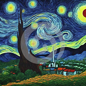 A close-up of the swirling night sky and vibrant stars from Vincent van Gogh\'s iconic post-Impressionist masterpiece,