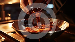 A close-up of a Swiss chocolatier's hand tempering a bowl of molten chocolate, capturing the glossy, velvety texture