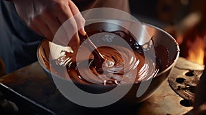 A close-up of a Swiss chocolatier's hand tempering a bowl of molten chocolate, capturing the glossy, velvety texture