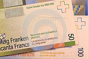 Close up Swiss francs currency note CHF