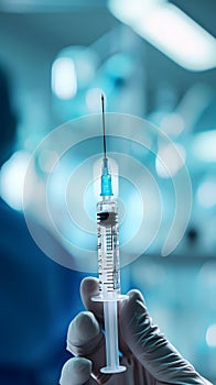 Close-up of syringe with needle in doctor hands against blurred hospital backdrop. Cosmetic injection. Generative AI