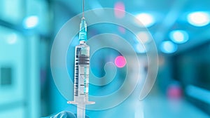 Close-up of syringe with needle in doctor hands against blurred hospital backdrop. Cosmetic injection. Generative AI