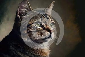 Close up of tabby cat with green eyes, created using generative ai technology