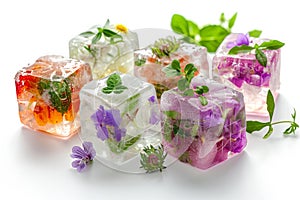 A close up of a table with a bunch of ice cubes and flowers. edible flower