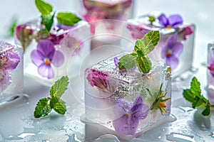 A close up of a table with a bunch of ice cubes and flowers. edible flower