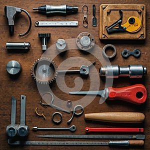 a close up of a table with tools on it including wrenches, screws, and a hammer, trending, assemblage, tools, wrenches photo