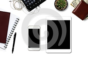 Close-up tablets and smartphones and office equipment separately on a white background