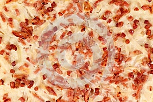 Close up of taditional food `Tarte Flambee` or `Flammkuchen`