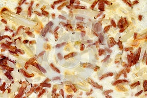 Close up of taditional food `Tarte Flambee` or `Flammkuchen` from German-French Alsace border region