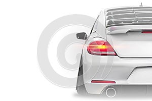 Close up of taillight detail of white modern luxury sportscar isolated on white background with place for text. Sports