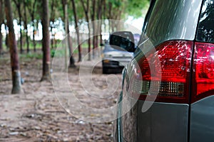 Close up of taillights of cars parked in rubber plantations.