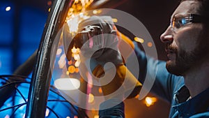 Close Up of a Talented Innovative Artist Using an Angle Grinder to Make an Abstract, Brutal and Ex