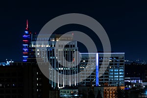 Close up of tall buildings on downtown Boise Idaho night