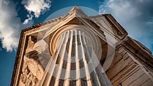 A close up of a tall pillar with some clouds in the background, AI