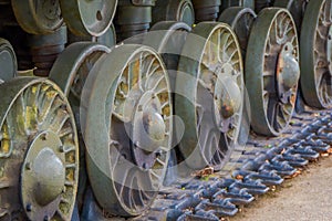 Close up of tank wheels located at historic cultural complex called Stalin Line fortifications along the western border