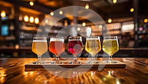 A close-up of a tasting of craft beer or cider, a rainbow variety of dark malt stouts and golden yellow hoppy ales on the bar