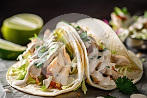Close-up of Tasty and Authentic Fish Tacos with Creamy Sauce and Lime Wedges
