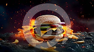 Close up of tasty hamburger with flying french fries on dark background