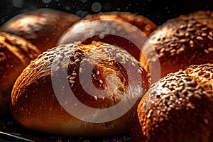 Close-up of tasty healthy artisan multigrain bread rolls