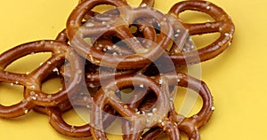 Close-up of tasty pretzels in rotating motion.