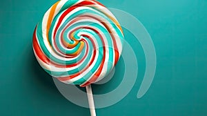 close-up of a tasty round lollypop on a turquoise background