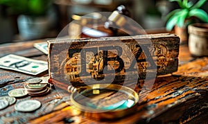 Close-up of a TBA sign displayed on a business desk with a magnifying glass and money, symbolizing pending financial analysis