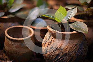 close-up of tea leaf oxidation in clay pots