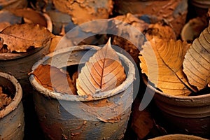 close-up of tea leaf oxidation in clay pots