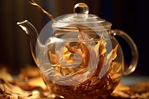 close-up of tea leaves unfurling in glass teapot