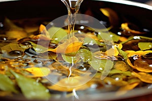 close-up of tea leaves unfurling in hot water