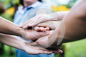 Close up team students teamwork stack hands together. Startup, Success