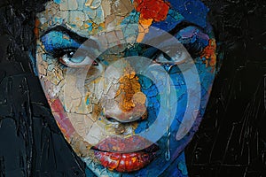 Close up of tearful woman's face, single tear flowing down cheek on black background photo