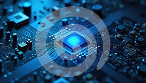 Close-up tech image of circuit board with glowing central processor. Digital data flow, computer hardware, microchip, engineering