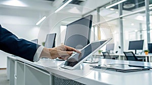 Close Up Tech Interaction in Business Workspace Suitable for Digital Tools and Smart Work Concepts