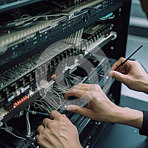 close up of technician hands repairing network switch in datacenter server room, IT Engineer hands close up shot installing fiber