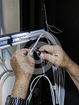 Technician hands installing network cables in server rack