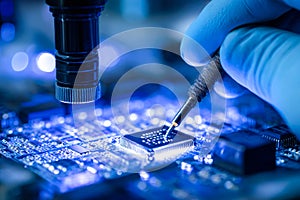 Close-up of a technician testing a microchip on a circuit board with precision tools, in a high-tech laboratory setting