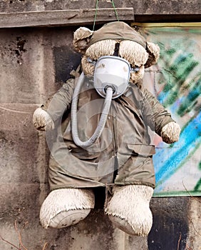 Close up of Teddy Bear wearing respiratory mask