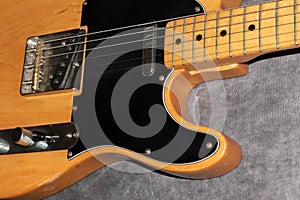 Close up of a Telecaster natural electric guitar