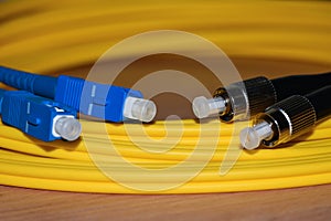 Close-up telecommunications fiber optic patch cord connectors