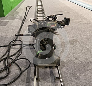 Close-up television camera at sports competitions, TV broadcasting.