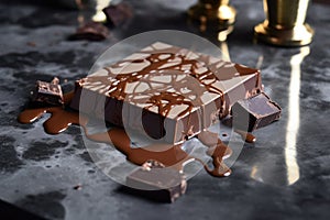 close-up of tempered chocolate on a marble slab