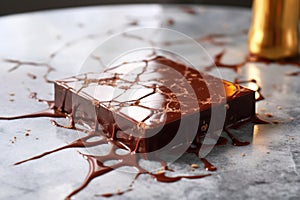 close-up of tempered chocolate on a marble slab