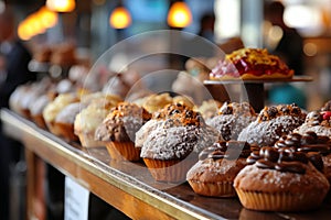 Close-up of tempting assortment of freshly baked goods displayed in a stylish bakery showcase