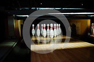 Close up of ten pins at bowling club.