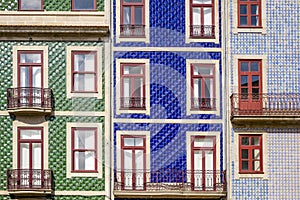 Close up of tenant houses covered with typical colorful tiles in Porto, Portugal