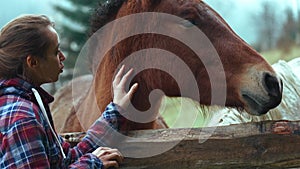 close up tender woman stroking horse in green field at wooden fence. girl talks woth horse, strokes and soothes