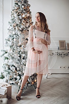 Close-up tenderness female hand hugging pregnant tummy feeling fondness at Christmas tree